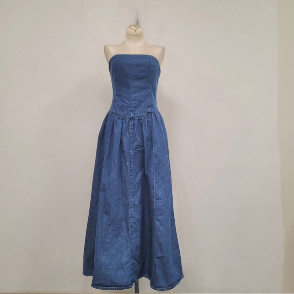 Zara Strapless Basque Waist Denim Maxi Dress